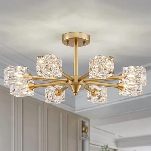 Miniatura 14 de XINGQI Lámpara de techo moderna de 6 luces, lámpara de montaje semiempotrado Sputnik, lámparas de araña doradas en negro para recámara, comedor