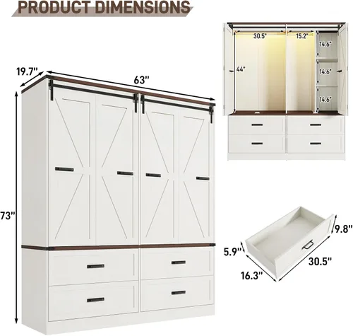 Miniatura 2 de Armario de guardarropa de granja con 4 puertas, armario de dormitorio con puerta corrediza plegable estilo granero y luces, armario de dormitorio