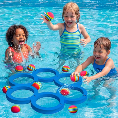 Miniatura 4 de Hiboom Juego de piscina con puntuación, combo de flotadores de espuma para piscina con 10 bolas de lanzamiento coloridas, juego de lanzamiento