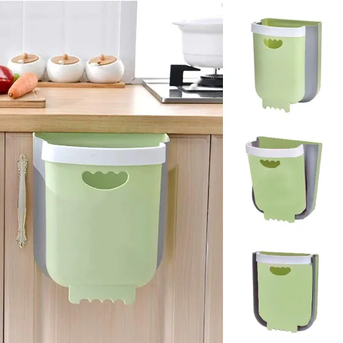 Cubo de basura colgante de cocina, cubo de basura pequeño plegable para puerta de armario de cocina, contenedor de basura de plástico plegable Verde