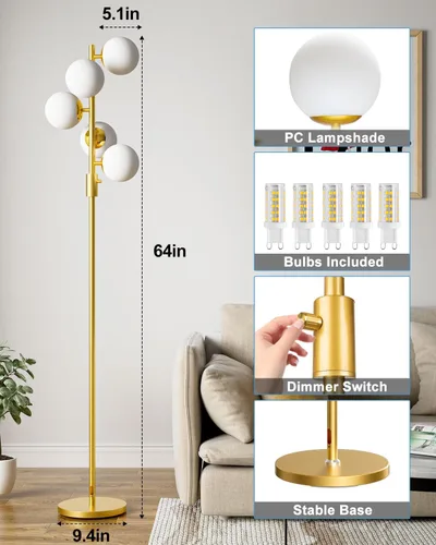 Miniatura 7 de Lightdot Lámparas de pie regulables doradas y negras de 66 pulgadas con mesa, moderna lámpara alta de pie con pantalla de globo, cabeza