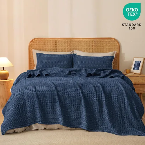Miniatura 6 de PHF - Manta de punto gofre 100% algodón tamaño Queen, suave, ligera, transpirable, acogedora, de verano, para cama, tejida, estética, decoración