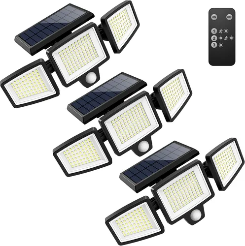 Miniatura 10 de Tuffenough - Luces solares para exteriores, 2500 lm, 210 luces LED de seguridad con control remoto, 3 cabezales de luces con sensor de movimiento