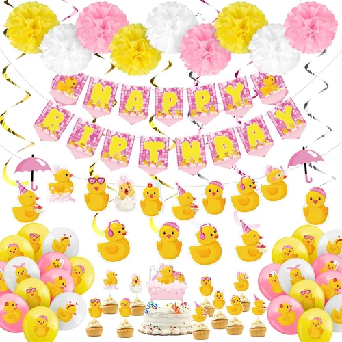Outus 77 piezas de decoración de fiesta de patito rosa, lindo accesorio de fiesta de cumpleaños de pato, incluye una bonita pancarta colgante de