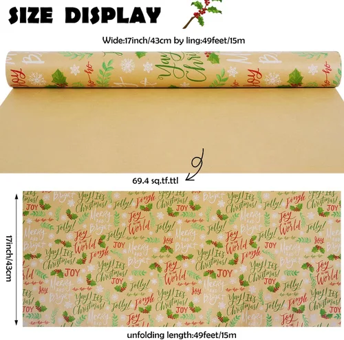 Miniatura 5 de Rollo de papel de regalo de Navidad, rollo de papel kraft vintage, 17 pulgadas x 49 pies, copos de nieve, hojas/bayas de acebo, papel de regalo