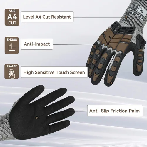 Miniatura 2 de Guantes de trabajo de seguridad, guantes de impacto para hombres y mujeres, resistentes a los cortes, antideslizantes, guantes de trabajo pesado