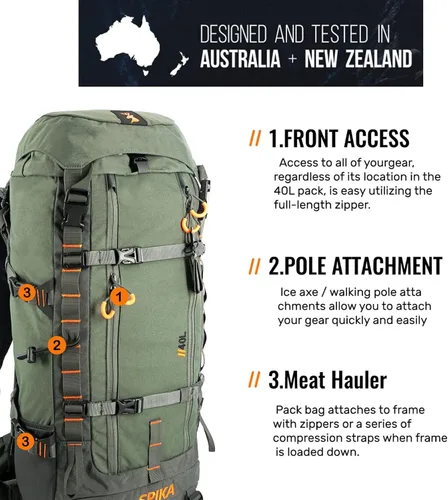 Miniatura 5 de SPIKA Mochila de caza con marco interno, mochila de senderismo impermeable para extensible, 40L + 80L + capacidad Verde militar 80l