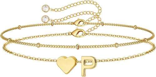 Miniatura 27 de M MOOHAM Pulseras de oro con inicial de corazón para mujer, pulseras con dije de letra A-Z de corazón dorado en capas para mujer, pulseras