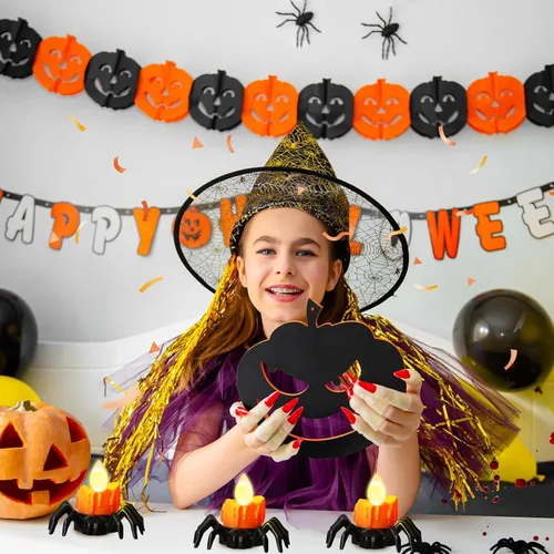 Miniatura 6 de YBB 12 velas de té de araña de Halloween, novedosas velas LED sin llama, funciona con pilas, lámparas de té naranja para fiesta de Halloween, mesa