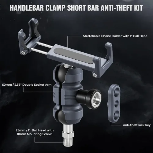 Miniatura 3 de Kit de soporte antirrobo para teléfono de motocicleta, con tornillo M10 para instalación de espejo, cabeza de bola de 0.984 in y barra corta
