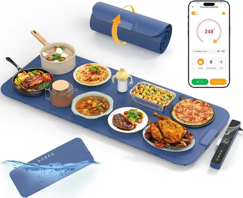 Tapete de calentamiento de alimentos extra grande de 37 x 15 pulgadas con control de aplicación, bandeja de calentamiento eléctrica de temperatura