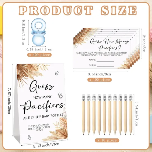 Miniatura 2 de Roowest 512 piezas de juegos de baby shower Cartel de Adivina Cuántos Chupetes 100 pequeños juegos de adivinanzas, 10 lápices HB, botella de leche