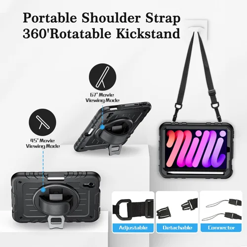 Miniatura 7 de Funda para iPad mini 7 A17 Pro/iPad mini 6 de 8.3 pulgadas, funda para iPad mini de 7ª/6ª generación (2024/2021) con soporte para lápiz/soporte
