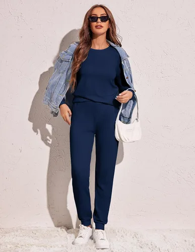 Miniatura 85 de Ekouaer Conjunto de pijama de manga larga para mujer, ropa de dormir suave con cuello redondo y bolsillos