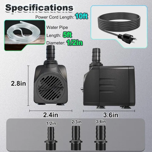 Miniatura 5 de SongLong Bomba de agua ultra silenciosa de 25 W 400 GPH de 10 pies con tubo, protección contra sobrecalentamiento, perfecta para fuentes pequeñas