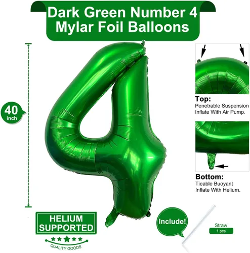 Miniatura 2 de Globo de 40 pulgadas color verde oscuro número 4 gigante, de papel de aluminio de Mylar gigante, globos de helio verde oscuro para fiestas