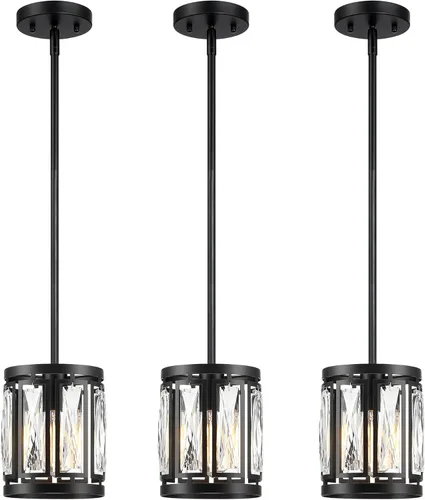 Miniatura 16 de Lámpara colgante de cristal con pantalla de tambor negra mate, araña de 2 paquetes para isla de cocina, luces de techo modernas para sala de estar