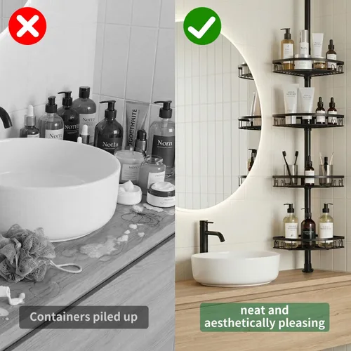 Miniatura 5 de Poste de tensión ajustable para ducha, organizador de baño de esquina de 4 niveles con bandejas de jabón y soporte para cepillos de dientes, estante
