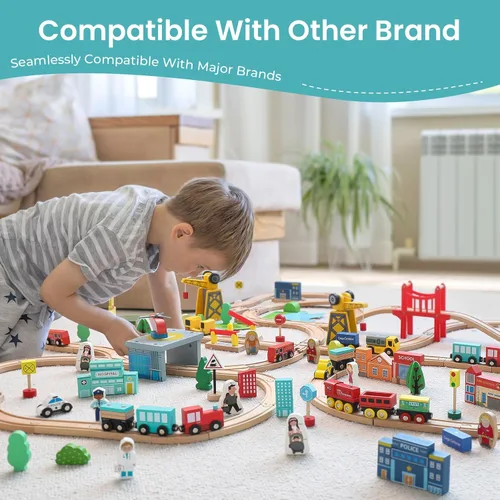 Miniatura 4 de Tiny Land Juego de tren de madera para niños pequeños, 39 piezas, con pistas de madera compatibles con las principales marcas, juguete de tren