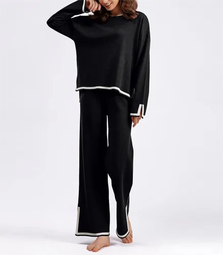 Miniatura 2 de VELISDE Conjunto de 2 piezas de suéter para mujer, conjunto de punto de manga larga, sin botones, pantalones de pierna ancha