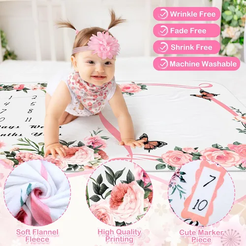 Miniatura 3 de Chumia 6 Piezas Manta de Hitos Mensuales para Bebé Niña 60" x 40" Manta de Hitos de Mariposa Edad Foto Fondo de Fotografía con Calendario para Rosa