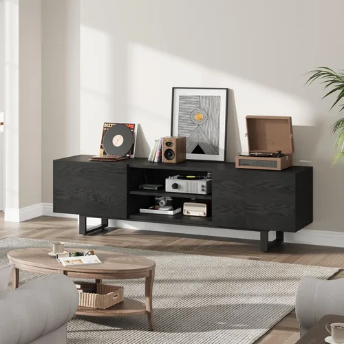 Miniatura 6 de Moderno soporte de TV para TV de 65/75/80 pulgadas, centro de entretenimiento negro de 70 pulgadas con 2 cajones y estantes abiertos, gabinete