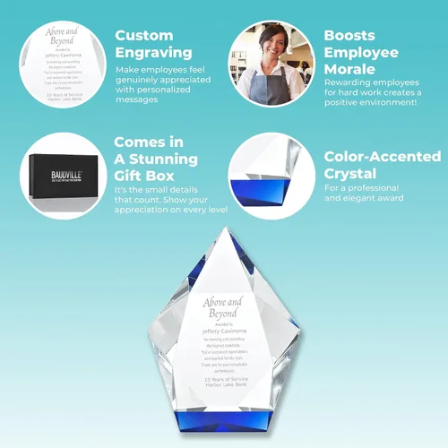 Miniatura 2 de Baudville Trofeo grabado – Cristal – Azul en la base – Premio para empleados – Grabado personalizado – Viene en caja de regalo