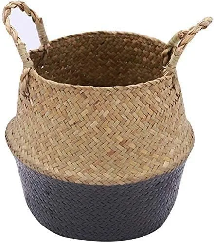 INSO Cesta tejida natural para el vientre, para pícnic y comestibles. Cesta plegable de almacenamiento de algas marinas con asas para plantas,