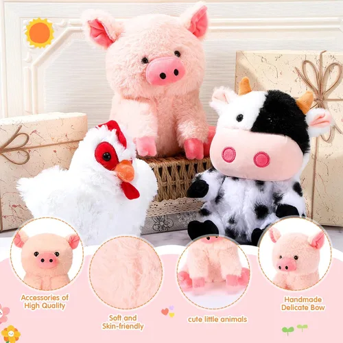 Miniatura 3 de Skylety Juego de 5 animales de peluche de granja de 10 pulgadas, animales de peluche de granja suave, cerdo gallo, caballo, oveja, vaca, juguete