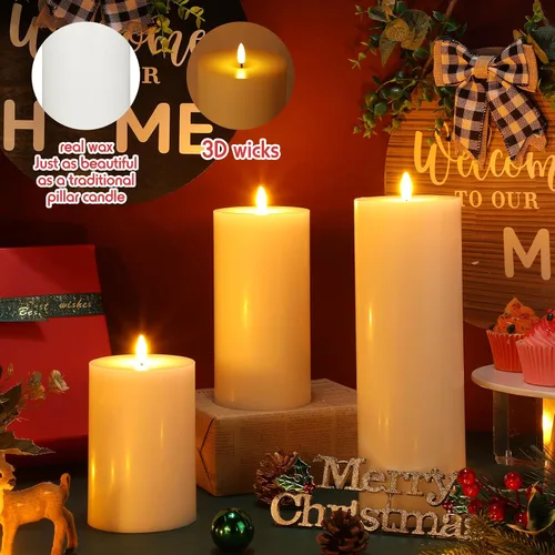 Miniatura 3 de Retisee 3 velas LED blancas grandes sin llama que funcionan con pilas con control remoto y temporizador, velas parpadeantes de cera real para Blanco