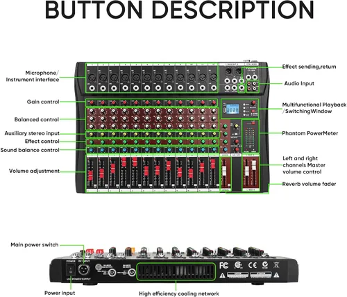 Miniatura 8 de FULUODE Consola de Mezcla de Audio de 12 Canales, CT-120S Mezclador de Música Profesional para DJ, Tablero de Mezcla con Reverb, Reproductor