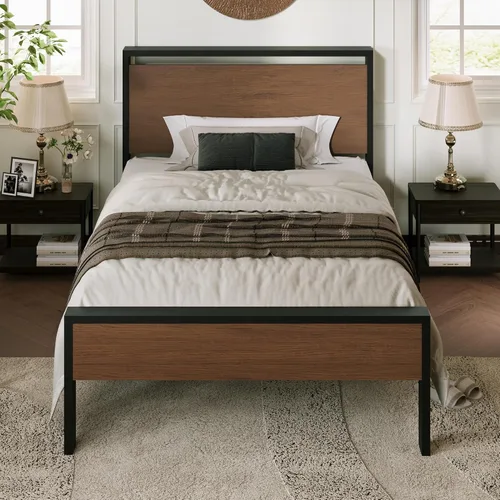 Miniatura 14 de Allewie Base de cama de plataforma tamaño Queen con cabecera y estribo de madera, soporte de 12 listones de metal resistente, no necesita somier