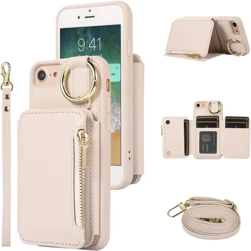 Funda tipo cartera para iPhone 7/8/SE 2020/2022, cierre de piel, con cierre de cremallera, con correa para el hombro, tarjetero y funda para