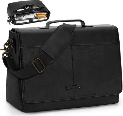 RAINSMORE - Bolso bandolera vintage con solapa para hombres, de PU, para laptop de 15.6 pulgadas, portafolio impermeable, bolso para computadora