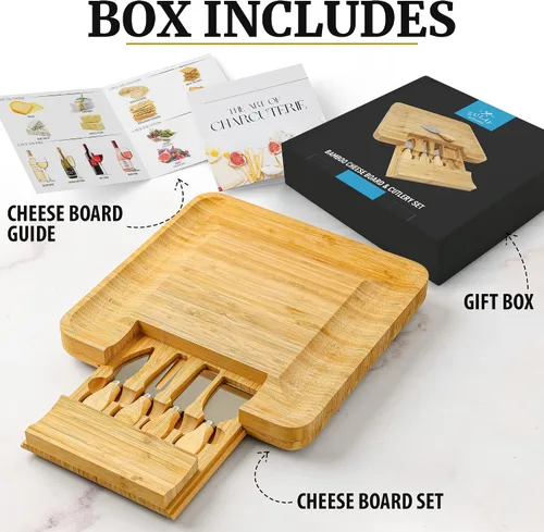 Miniatura 8 de Zulay Kitchen Juego de tablas de queso de bambú de alta calidad, juego de tablas de embutidos de bambú extra gruesas con juego de 4 cuchillos, tabla