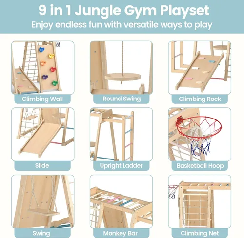 Miniatura 3 de OLAKIDS Gimnasio de la selva para interiores, juguetes Montessori de madera para escalada para bebés 9 en 1 con rampa ajustable de 2 columpios, red