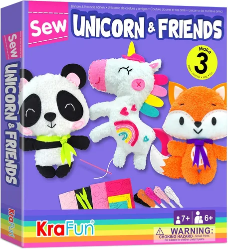 Miniatura 8 de KRAFUN Kit de costura para niños de 7, 8, 9, 10, 11, 12 años, principiante, My First Art & Craft, incluye 3 muñecas de animales de peluche, mapache