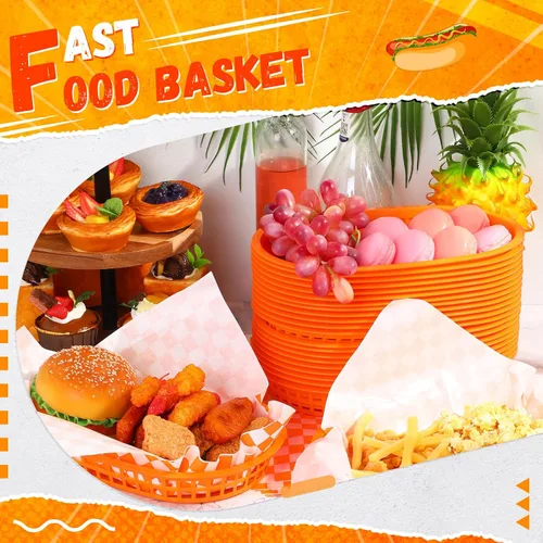 Miniatura 7 de Uiifan 24 cestas de comida para servir con 100 forros de delicatessen, cestas de comida rápida de 10.5 x 7 pulgadas, bandejas de servicio de Naranja
