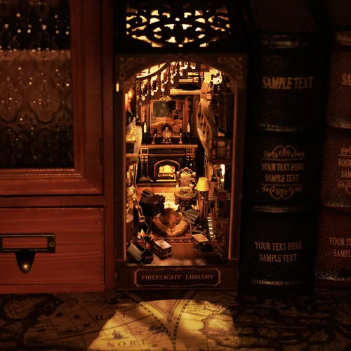 Miniatura 5 de Biblioteca Firelight Book Nook, rompecabezas de casa en miniatura DIY para decoración mágica del hogar, decoración de estantería 3D para adultos