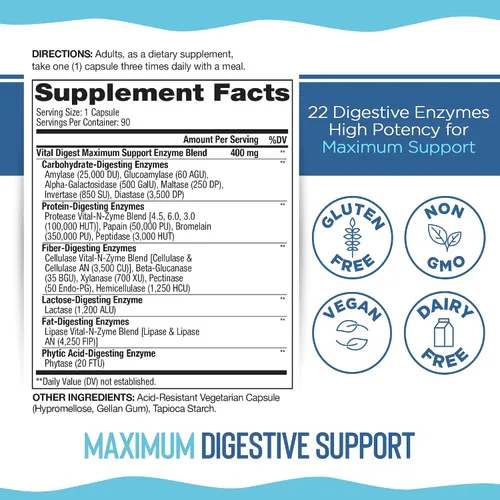 Miniatura 2 de Vital Planet Vital Digest Natural Digestive Enzymes Apoya la Descomposición de Proteínas, Grasas y Carbohidratos y Reduce los gases ocasionales