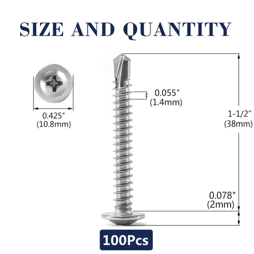 Miniatura 2 de Tornillos de chapa metálica #8 de 1-1/2 pulgadas, 100 tornillos de acero inoxidable 410 tornillos autorroscantes rápidos de cabeza de armadura