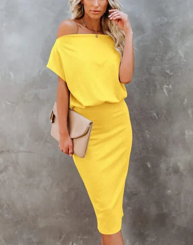 Miniatura 2 de Ezbelle Vestido por debajo de la rodilla, ajustado, para mujer, con hombro descubierto y manga corta, vestido acanalado informal y de fiesta
