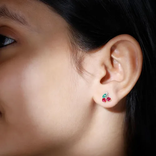 Miniatura 13 de Aretes de cereza esmeralda y rubí natural para mujer, calidad AAA certificada, aretes de tuerca de cereza roja