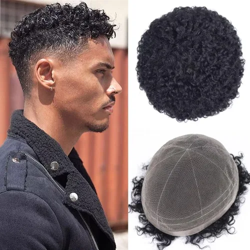 Miniatura 11 de HAPPY&CC Manejar cabello afro unidad negro hombres cabello humano toupee peluca francesa encaje pieza de pelo sistema de reemplazo para hombres #1
