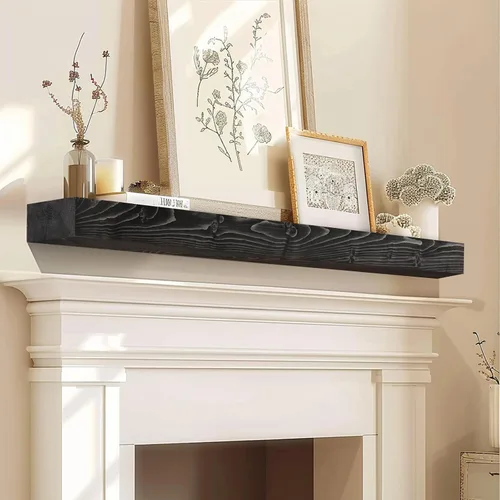 Repisa de chimenea de 48 pulgadas, madera maciza rústica hecha a mano de 3 pulgadas de grosor, estante flotante largo de pared con soporte de metal