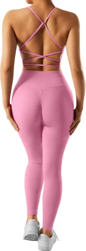 OMKAGI Conjunto de entrenamiento acanalado para mujer, sin costuras, brasier deportivo con tiras y levantamiento de glúteos