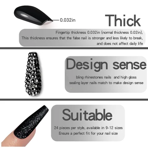 Miniatura 4 de 24 uñas postizas brillantes con diseños de longitud larga, uñas de boda a presión para novia, uñas acrílicas nude, ataúd a presión con diamantes