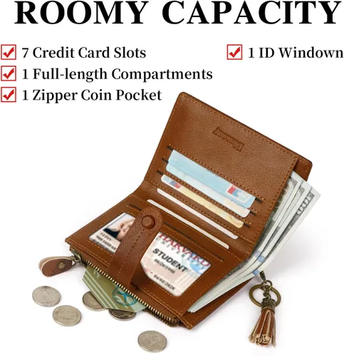 Miniatura 3 de Billetera de cuero para mujeres, billetera pequeña con bloqueo RFID para mujeres, billetera compacta de dos pliegues con tarjetero, ventana