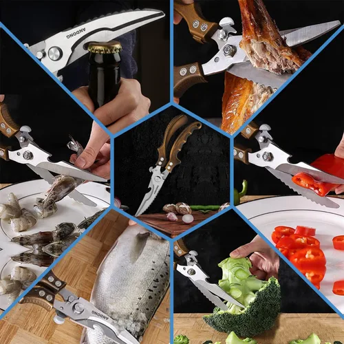 Miniatura 5 de ANDONG Tijeras de cocina – Tijeras de acero inoxidable resistentes para aves, carne y huesos con funda de cuero negro para alimentos Plus
