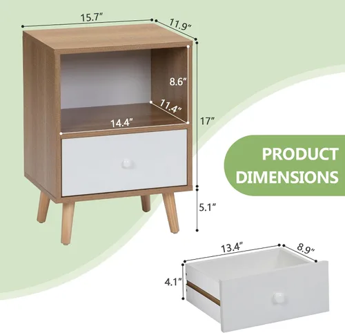 Miniatura 3 de JAXPETY Juego de 2 mesitas de noche modernas de madera, mesita de noche con cajón, muebles de noche, mesa auxiliar con estante abierto y patas